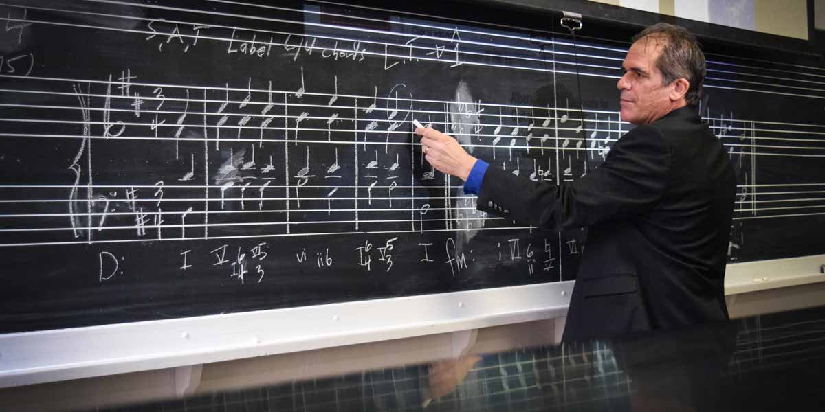 Dr. Christopher Greco teaches music at the blackboard
