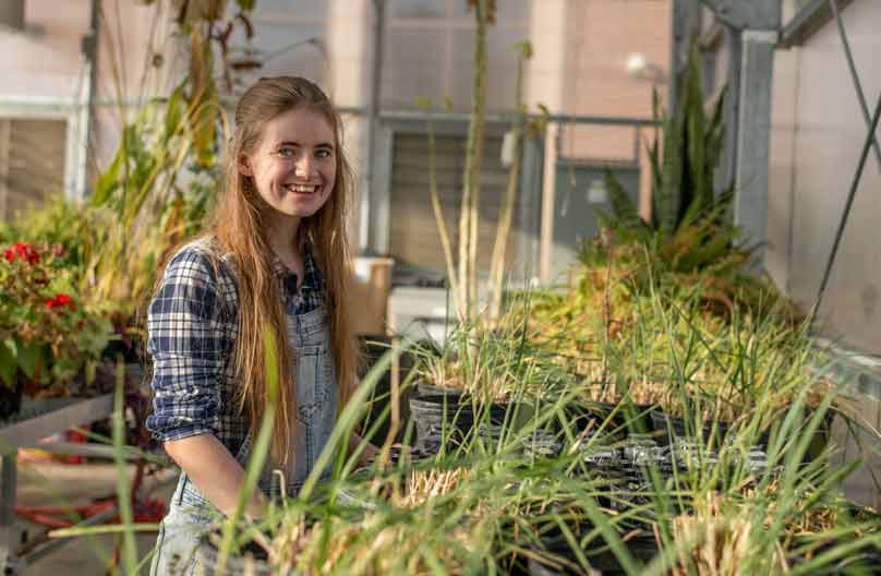 A student works in a greenhouse
