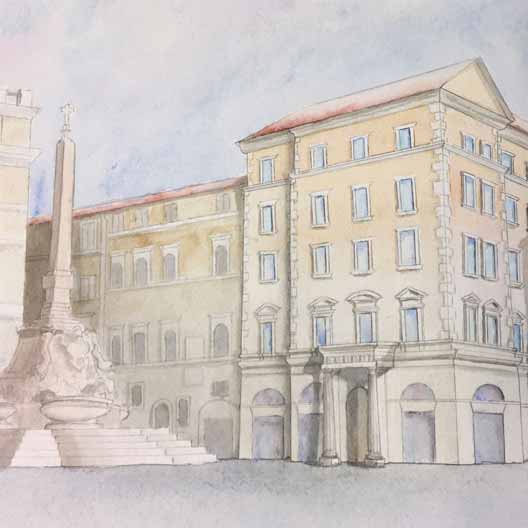 A watercolor of a building with a monument nearby