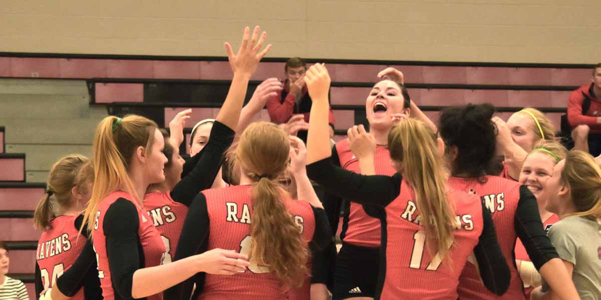 Volleyball players cheering in a gym