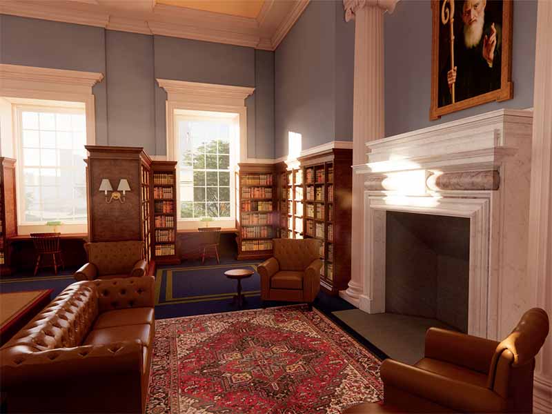 Rendering of the new library reading room with fireplace